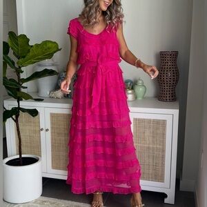 Cleobella Vibrant Pink Ruffled Maxi Dress